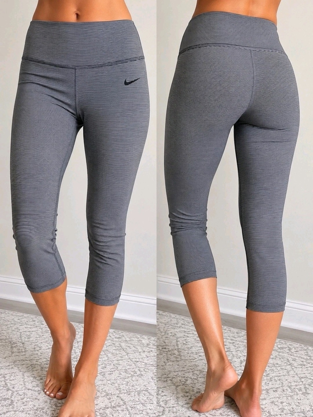 Nike Dri-FIT Women’s Medium Capri Leggings Black White Striped Athletic Yoga